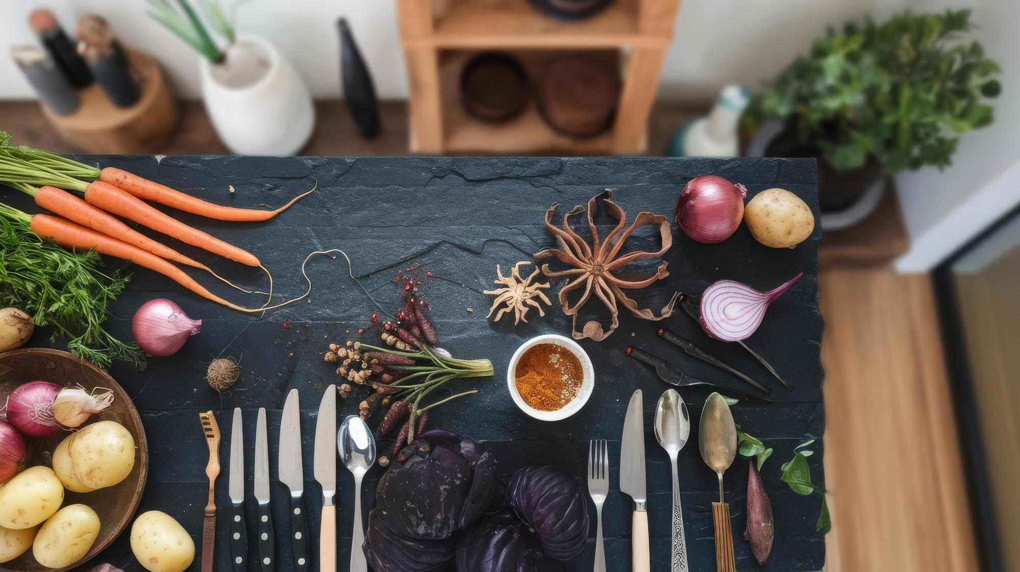 Small culinary studio workspace with utensils